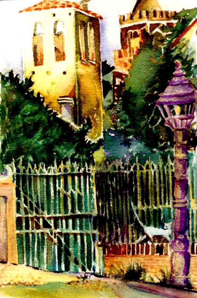 White Cat on the Walk is a watercolor by Mindy Newman